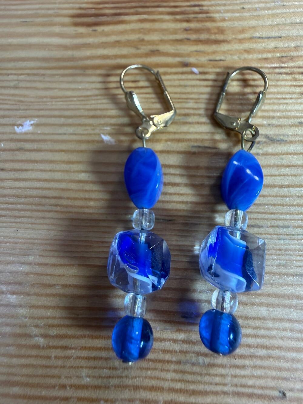 Cobalt Blue White Lampwork Glass Bead Dangle Earrings Gold Tone Leverback